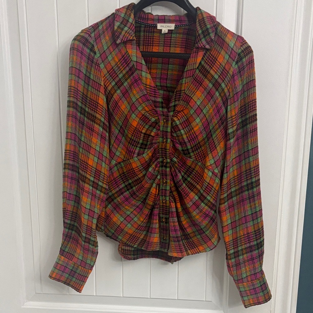 ANTHROPOLOGIE PILCRO Ruched Plaid Blouse